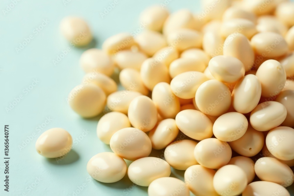 Close-up of creamy white beans on bright background, backdrop, detail Close-up of creamy white beans on bright background, backdrop, detail
