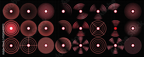 Pain Relief Target Icons: Concentric Red Circles for Healthcare, Radar, and Sound Wave Concepts. Pain red circle or localization mark, aching place sign, abstract symbol of pain