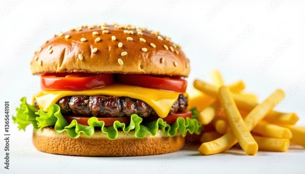 Close-up of greasy burger and fries on white background , studio shot, crispy, tempting Close-up of greasy burger and fries on white background , studio shot, crispy, tempting