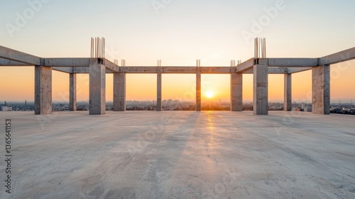 Raw Concrete Framework Under Construction at Sunset with City View