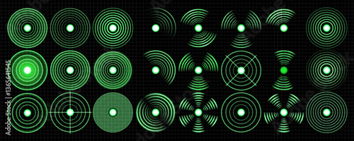 Green Sensor Wave Effect: Bright Radar and Sonar Signals for Wireless Technology on Transparent Background. Realistic set of green radio wave signal signs isolated on transparent background. 