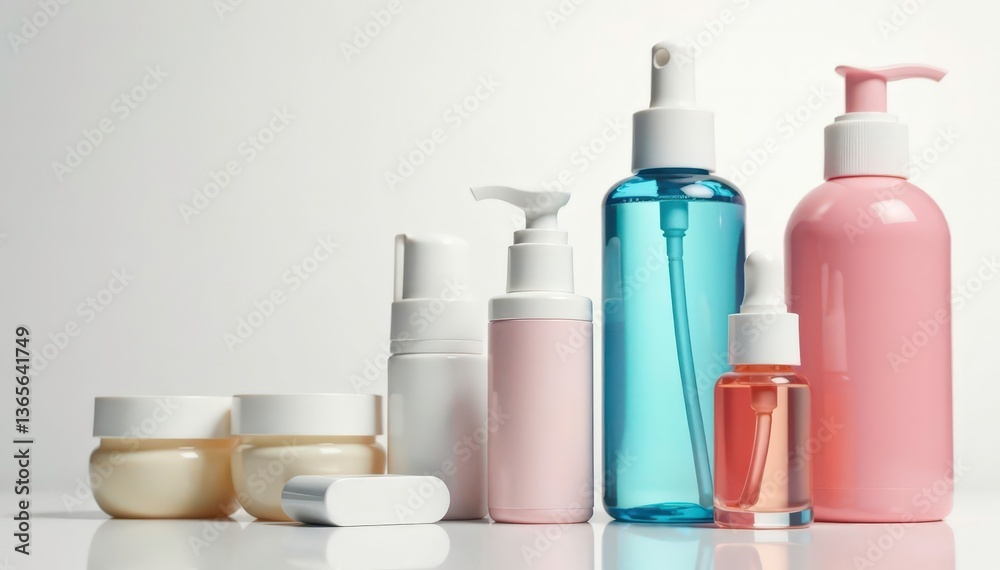 Close-up of various cosmetic items against white, cosmetics, photography Close-up of various cosmetic items against white, cosmetics, photography
