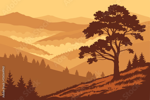 15 Majestic mountain landscape, golden sunset, low-lying fog, silhouetted trees, layers of hills, atmospheric mist, warm orange glow, peaceful nature scene, dramatic lighting, panoramic view, ethereal