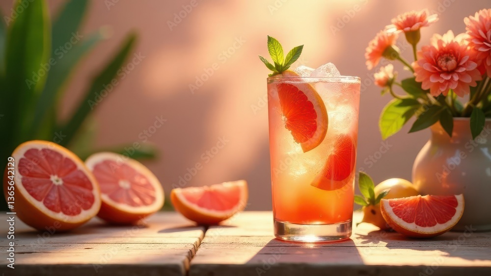 Fototapeta premium Refreshing Grapefruit Beverage with Ice and Mint Garnish on Rustic Wooden Table