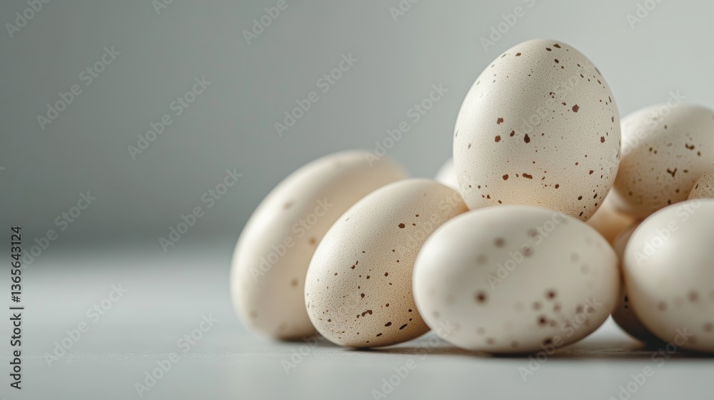 Collection of speckled eggs arranged artfully on a smooth surface showcasing natural colors and textures in a serene setting Collection of speckled eggs arranged artfully on a smooth surface showcasing natural colors and textures in a serene setting