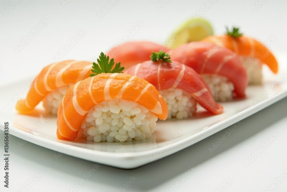 Close-up vibrant sushi platter, minimalist white backdrop, cuisine, nigiri Close-up vibrant sushi platter, minimalist white backdrop, cuisine, nigiri