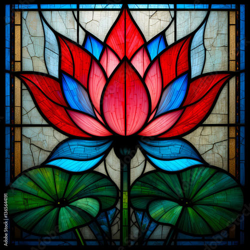 Stained Glass Lotus Flower, Vibrant stained glass artwork of a lotus flower.