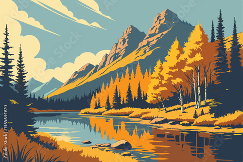 16 Vibrant autumn landscape, serene lake reflection, golden foliage, evergreen trees, clear blue sky, wispy clouds, tranquil water surface, mountain backdrop, picturesque nature scene, fall colors, mi