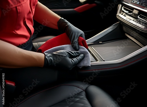 A worker is cleaning the car's leather seats with gloves and a microfiber cloth, with a close-up of their hands in action