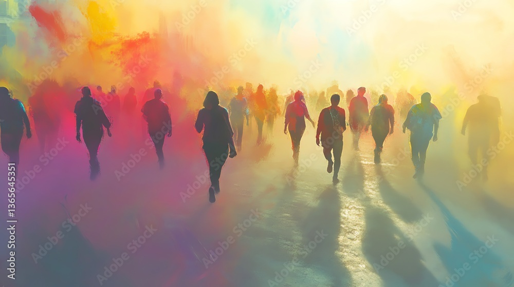 Fototapeta premium People Walking Through Colorful Smoke at Outdoor Festival Event