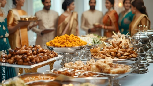 A lavish Indian wedding buffet featuring a variety of delicious dishes, beautifully arranged on silver platters. Guests in traditional attire are visible in the background.