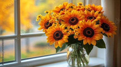 Autumn sunflowers bouquet by window photo