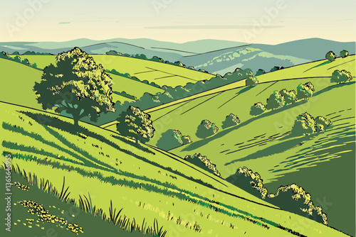17 Rolling green hills, vibrant meadows, undulating landscape, azure sky, pastoral scenery, lush grasslands, tranquil countryside, sun-dappled slopes, serene valleys, distant mountains, verdant terrai