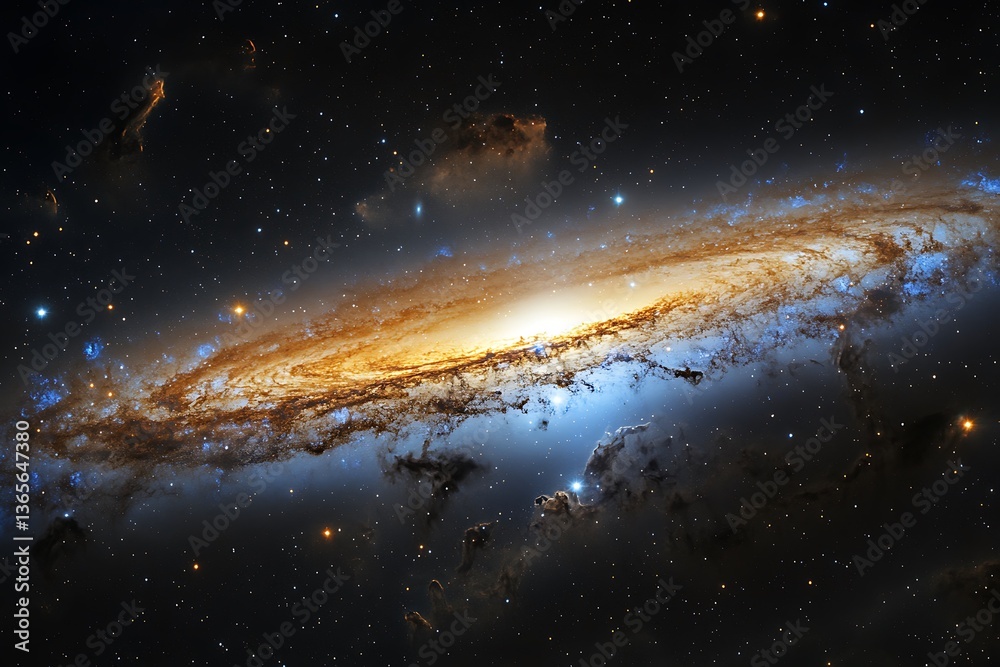 A spiral galaxy with bright core and blue arms against a backdrop of distant stars and cosmic dust clouds A spiral galaxy with bright core and blue arms against a backdrop of distant stars and cosmic dust clouds
