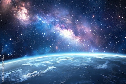 Fototapeta Naklejka Na Ścianę i Meble -  A view of earth from space with a vibrant milky way galaxy and starry background above it all