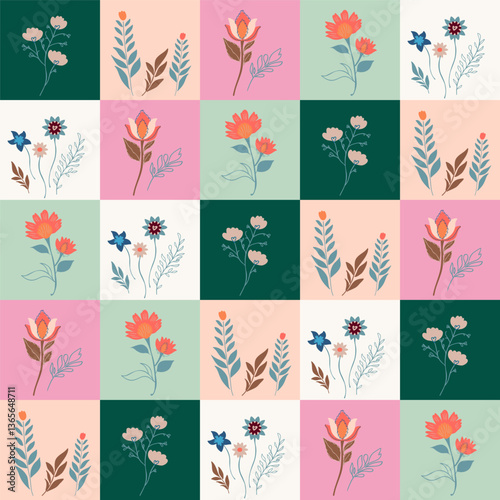 A seamless checkered pattern featuring colorful floral motifs various delicate field flowers in blue, pink, green, and beige. Perfect for textiles, wallpapers, and decorative designs.
