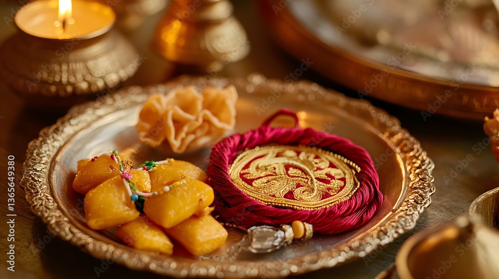 Close-up of a gold plate with Indian sweets and a rakhi, a traditional bracelet. Candles and ornate containers are in the background, creating a festive atmosphere. Close-up of a gold plate with Indian sweets and a rakhi, a traditional bracelet. Candles and ornate containers are in the background, creating a festive atmosphere.