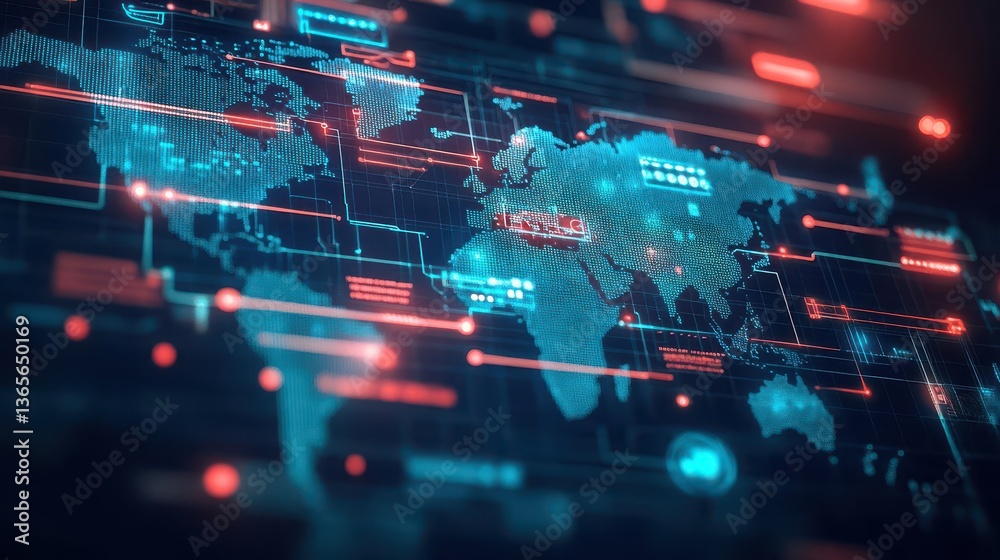 Illuminated World Map with Radiant Lines and Dots Connecting Continents Creating a Dynamic Representation of Global Connectivity and Communication