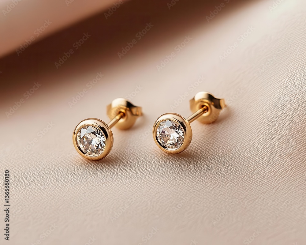 Petite diamond studs with minimalist gold bezel settings, isolated on a neutral taupe background Petite diamond studs with minimalist gold bezel settings, isolated on a neutral taupe background