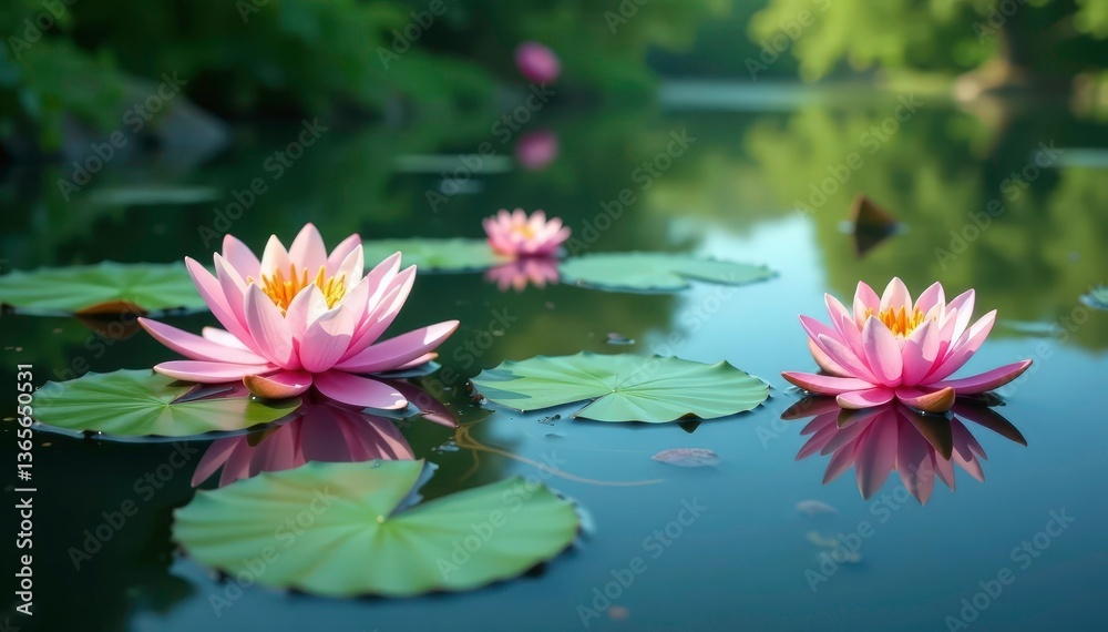 Delicate water lilies forming floral pattern across still lake, serene, graphics, still Delicate water lilies forming floral pattern across still lake, serene, graphics, still