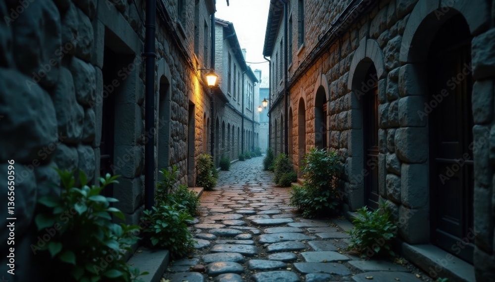 Obraz premium Dark, moody alleyway lined with crumbling stone walls, grunge, dark, textured