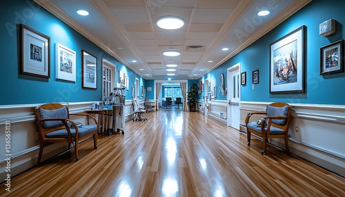 Tranquil Hospital Corridor Reflects Warm Ambiance.
