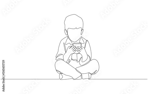 Continuous one line drawing of boy sitting on floor playing mobile games, mobile phone addiction behavior in childhood concept, single line art