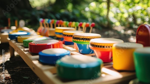 A music therapy session for children, featuring colorful instruments, playful interactions, and a cheerful, supportive environment