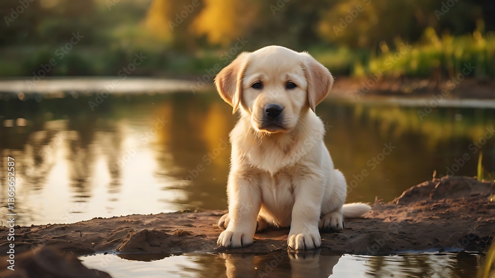 Obraz premium A chubby Labrador Retriever puppy sitting beside a pond, soft golden fur, dreamy atmosphere, ultra-HD details, warm sunlight glow