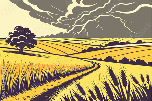 18 Dramatic storm clouds, Golden wheat field, Supercell thunderstorm, Expansive prairie landscape, Ominous sky, Contrast of light and dark, Rolling plains, Impending rain, Panoramic view, Atmospheric 