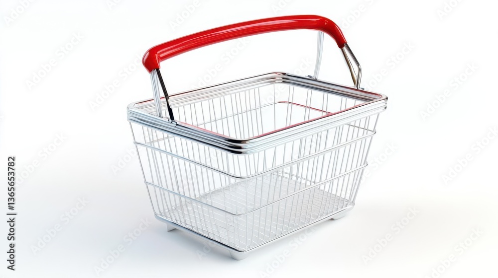Empty shopping basket with a red handle on a white background, ideal for retail and marketing use Empty shopping basket with a red handle on a white background, ideal for retail and marketing use