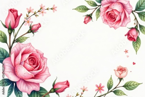 Delicate watercolor roses & leaves, romantic pastel palette, botanical, summer, bloom