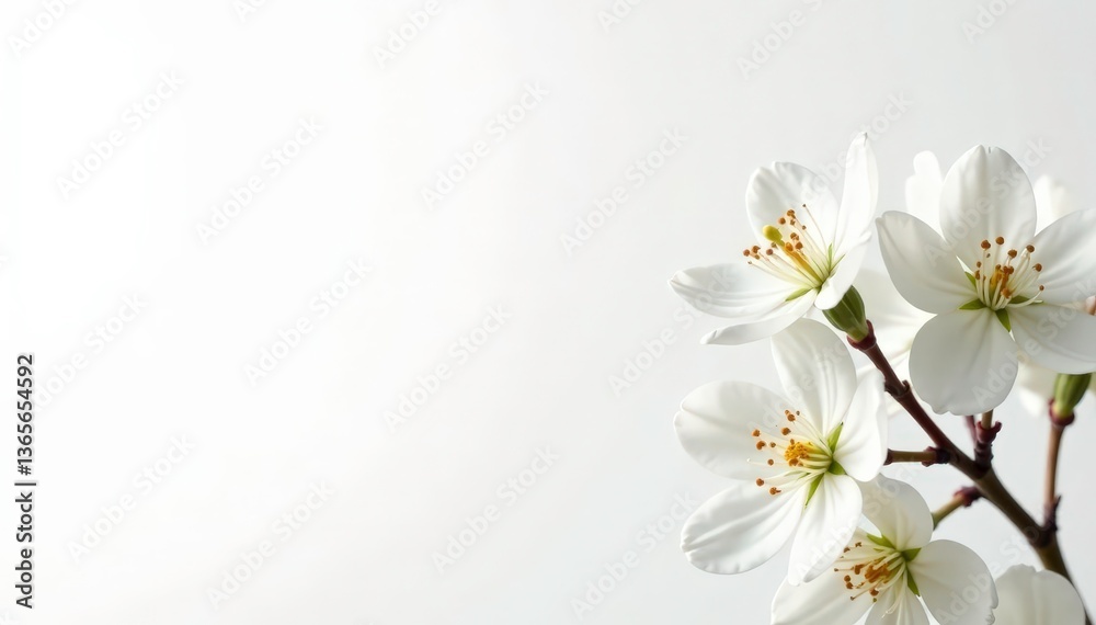 Fototapeta premium Delicate white blossoms against a pure white backdrop , light, petals