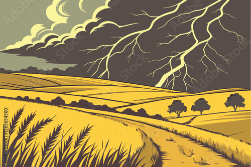 19 Dramatic storm clouds, Golden wheat field, Approaching rainstorm, Expansive prairie landscape, Contrast of light and dark, Moody atmosphere, Panoramic view, Nature's power, Rural farmland, Thunderh