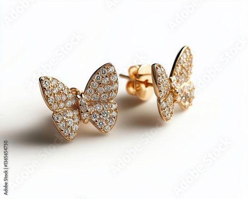Butterflyinspired diamond studs with asymmetrical wing detailing, isolated on a seamless white background photo