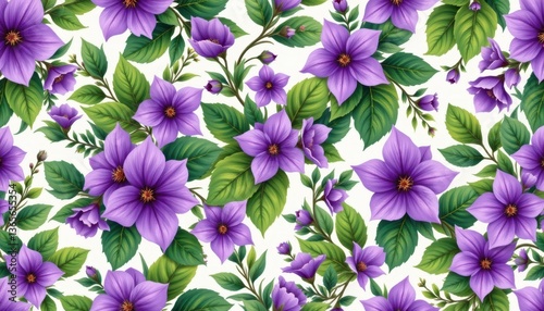 Botanical Patterns Create a seamless pattern design featuring the purple flowers interspersed with lush green leaves, suitable for fabric or wallpaper
