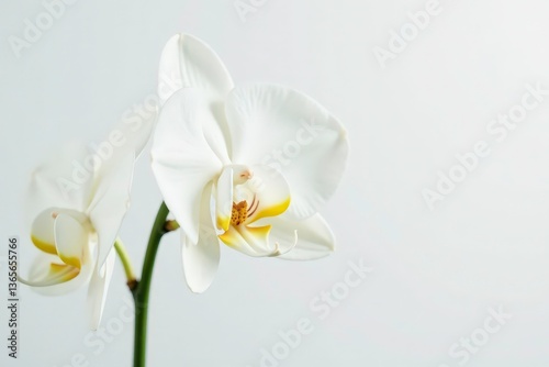 Delicate white orchid blossom against pure white backdrop, bright, botanical