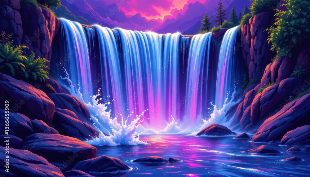 Fototapeta premium Dynamic Waterfall Illustrate a vibrant and colorful waterfall scene using rich purples and blues