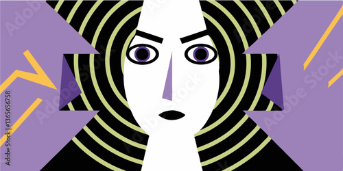 A modern, abstract portrait with a face emerging from a swirling array of geometric prisms and dynamic neon color schemes.