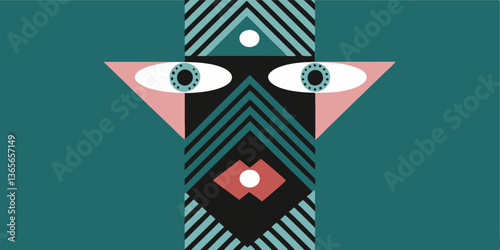 An abstract portrait where facial features are reconstructed with bold triangles, circles, and squares, using a neon color palette