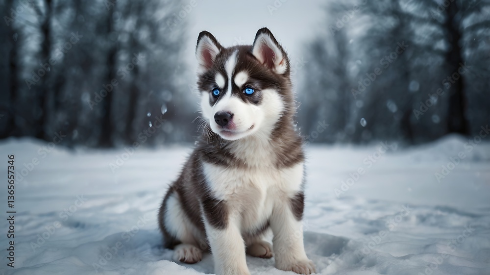 A blue-eyed Siberian Husky puppy in a snowy landscape, fluffy winter coat, mischievous expression, detailed icy reflections, cinematic depth A blue-eyed Siberian Husky puppy in a snowy landscape, fluffy winter coat, mischievous expression, detailed icy reflections, cinematic depth