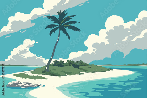 20 Tropical paradise, tiny deserted island, single palm tree, crystal clear turquoise water, white sandy beach, vibrant blue sky, fluffy white clouds, pristine ocean, remote getaway, idyllic landscape