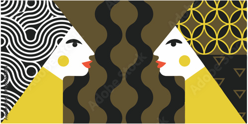 Geometric patterns combine with colorful facial and abstract depictions.