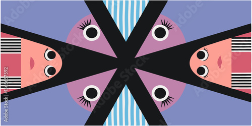Faces and abstract shapes, rendered in a geometric style, form a vibrant, multicolored display