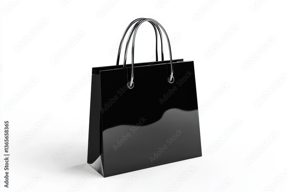 Glossy black shopping bag with sleek handles on a white background, ideal for retail use Glossy black shopping bag with sleek handles on a white background, ideal for retail use