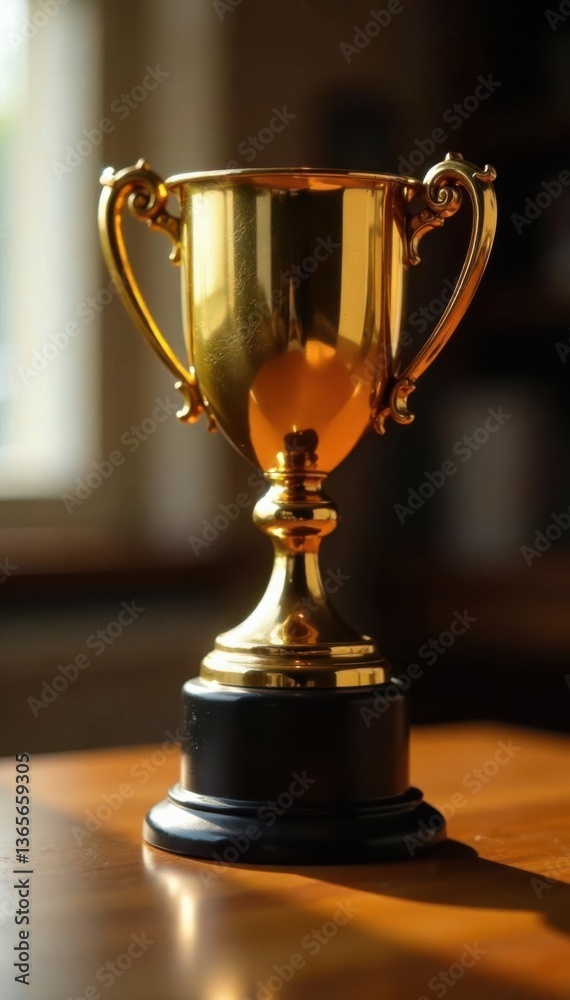 Golden trophy on wooden table, shining with light , trophy, award Golden trophy on wooden table, shining with light , trophy, award