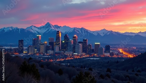 Denver skyline, Rocky Mountains backdrop, dramatic angle, aerial, sunrise