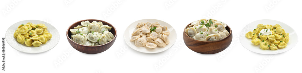 Tasty boiled dumplings (pelmeni) on white background, set Tasty boiled dumplings (pelmeni) on white background, set