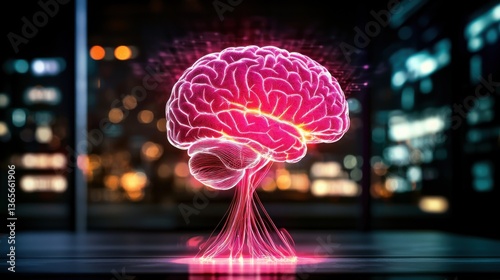 Glowing Pink Brain Abstract Illustration Against City Lights