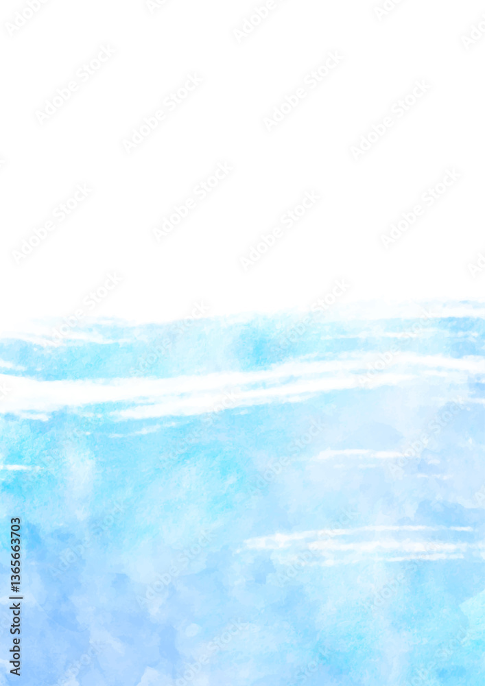 Obraz premium Blue watercolor vector background with brush strokes and splashes. Watercolor texture for cover, postcard, banner, flyer, ads. Water surface on white background. Sea. Waves. Summer illustration.